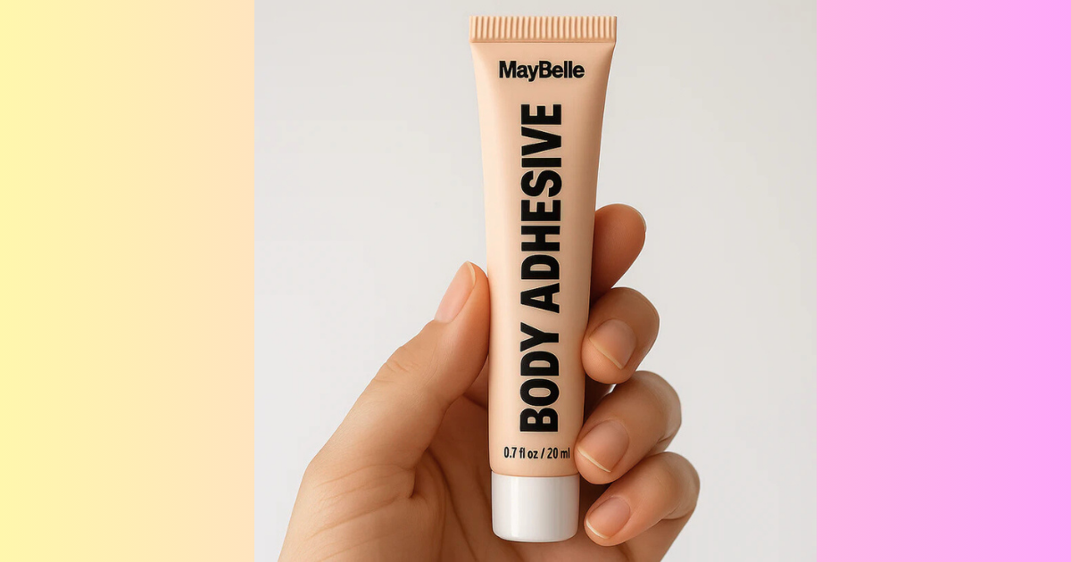 Hand holding a tube of Maybelline Body Adhesive against a colorful background